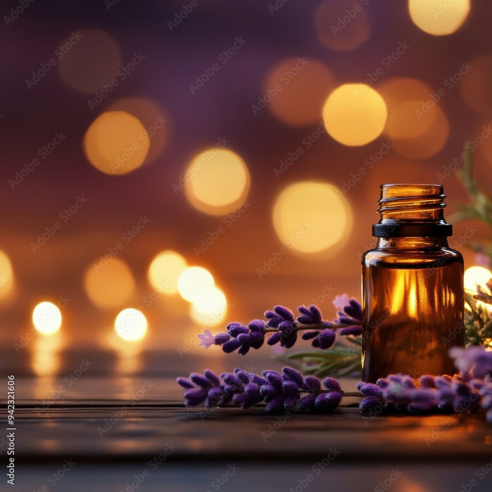 An amber glass bottle surrounded by lavender flowers, set against a background of warm bokeh lights, evoking a sense of calm and relaxation. An amber glass bottle surrounded by lavender flowers, set against a background of warm bokeh lights, evoking a sense of calm and relaxation.