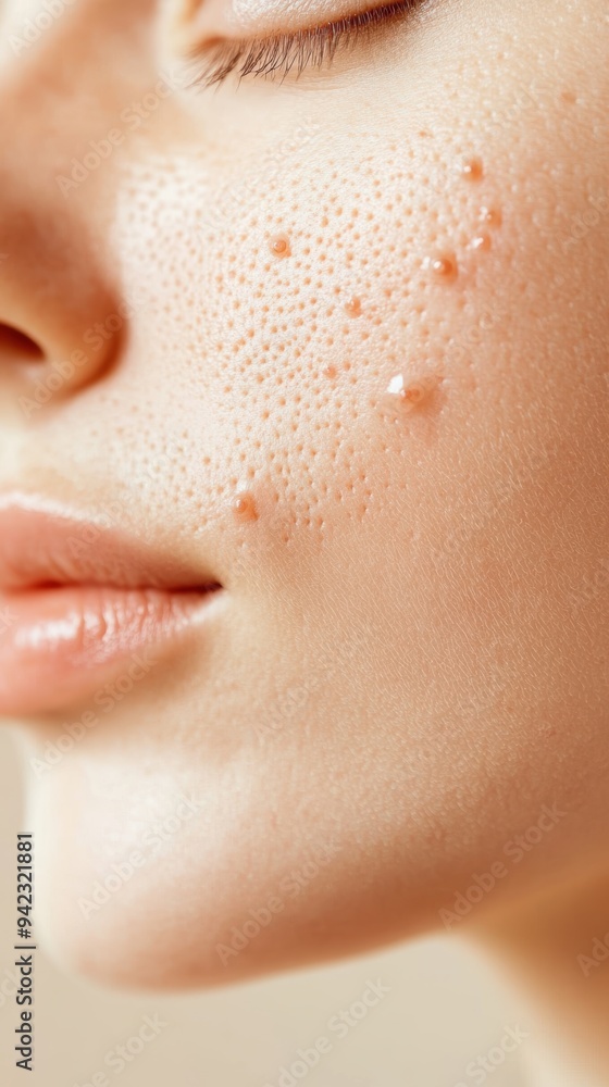 Close-up of a woman's face showing healthy skin with water droplets, highlighting beauty and skincare. Close-up of a woman's face showing healthy skin with water droplets, highlighting beauty and skincare.