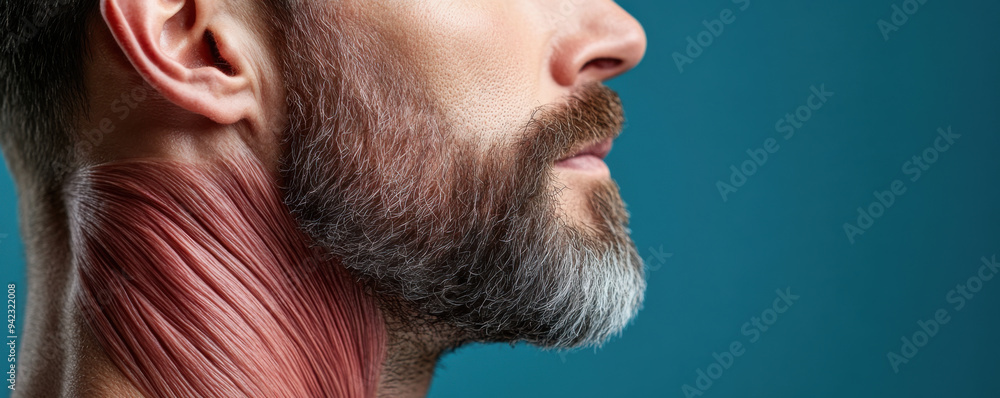 Fototapeta premium Detailed close-up of a bearded man's neck muscles, highlighting the anatomy of the sternocleidomastoid muscle against a blue background.