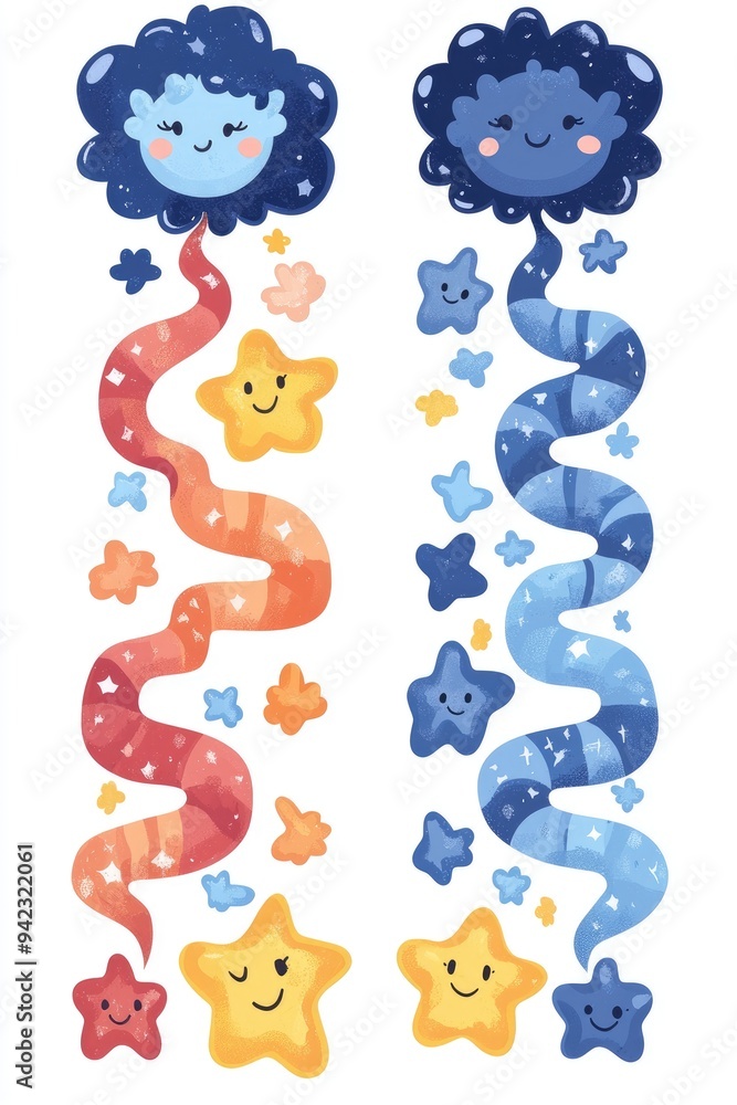 Cute Cartoon Cloud Characters with Stars and Wavy Tails Cute Cartoon Cloud Characters with Stars and Wavy Tails