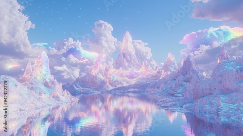Pastel Mountains and Cloudscape with Iridescent Reflections in Water
