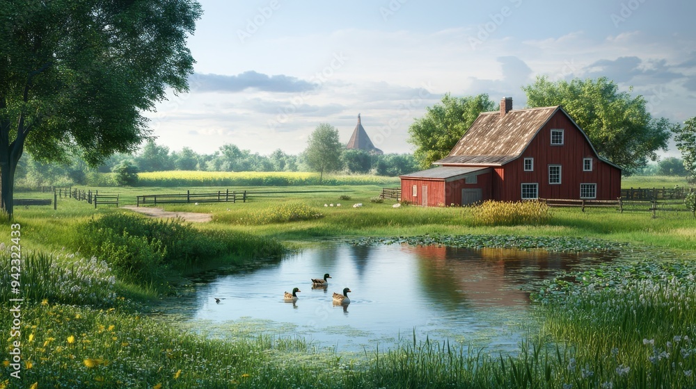 Tranquil Countryside Pond with Red Barn and Ducks Tranquil Countryside Pond with Red Barn and Ducks
