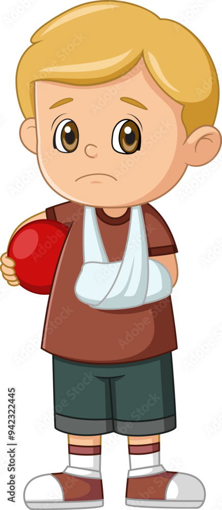 Cartoon little boy with broken arm and holding ball Cartoon little boy with broken arm and holding ball
