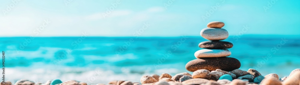 Peaceful beach scene with a stack of balanced stones against a turquoise sea and blue sky background, symbolizing tranquility and balance. Peaceful beach scene with a stack of balanced stones against a turquoise sea and blue sky background, symbolizing tranquility and balance.