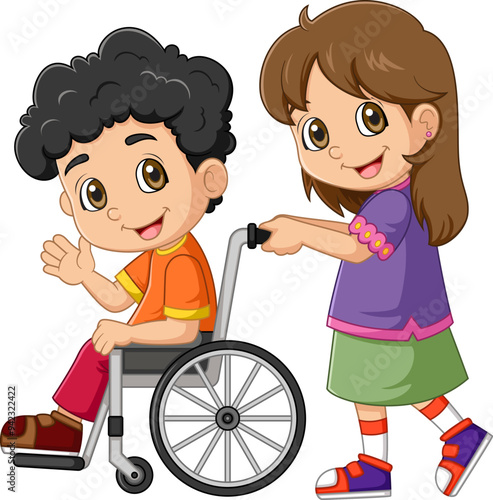 Cartoon little girl helping a boy in wheelchair