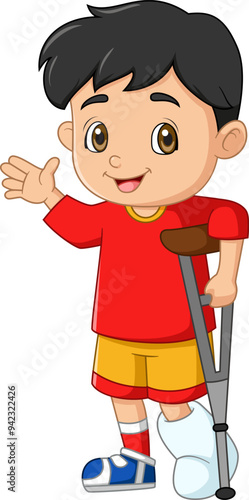 Cartoon little boy with broken leg