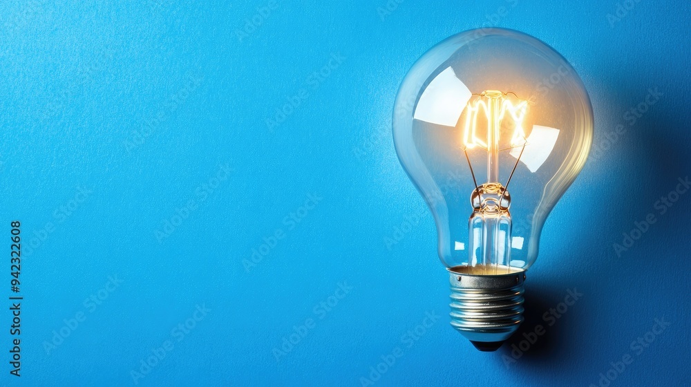 A solitary lightbulb illuminating a blue background with copy space A solitary lightbulb illuminating a blue background with copy space