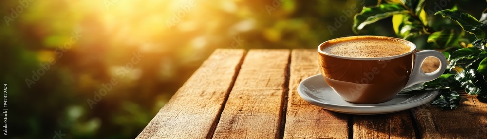 Serene sunrise with coffee cup on wooden table, surrounded by nature. Ideal for morning beverage or relaxation themes. Serene sunrise with coffee cup on wooden table, surrounded by nature. Ideal for morning beverage or relaxation themes.
