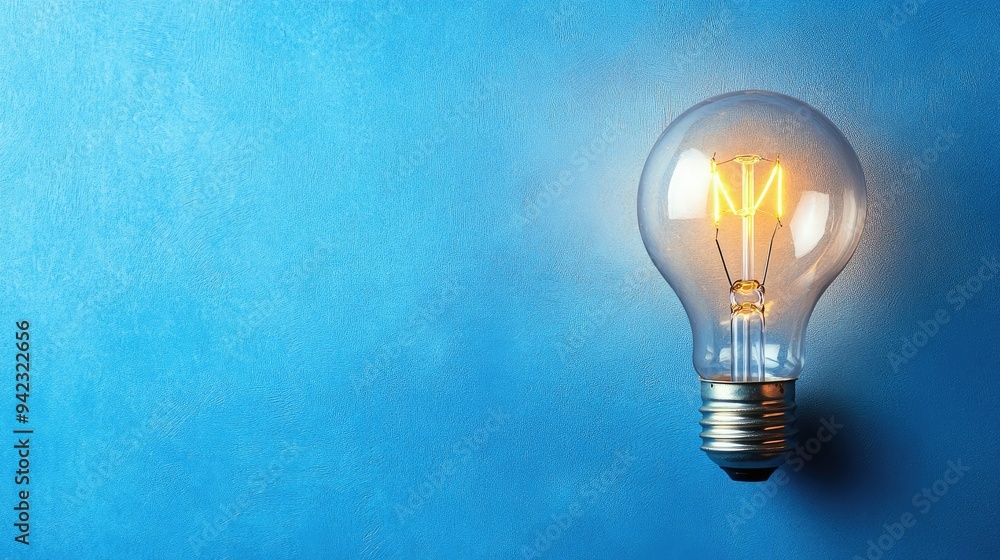 A solitary lightbulb illuminating a blue background with copy space A solitary lightbulb illuminating a blue background with copy space