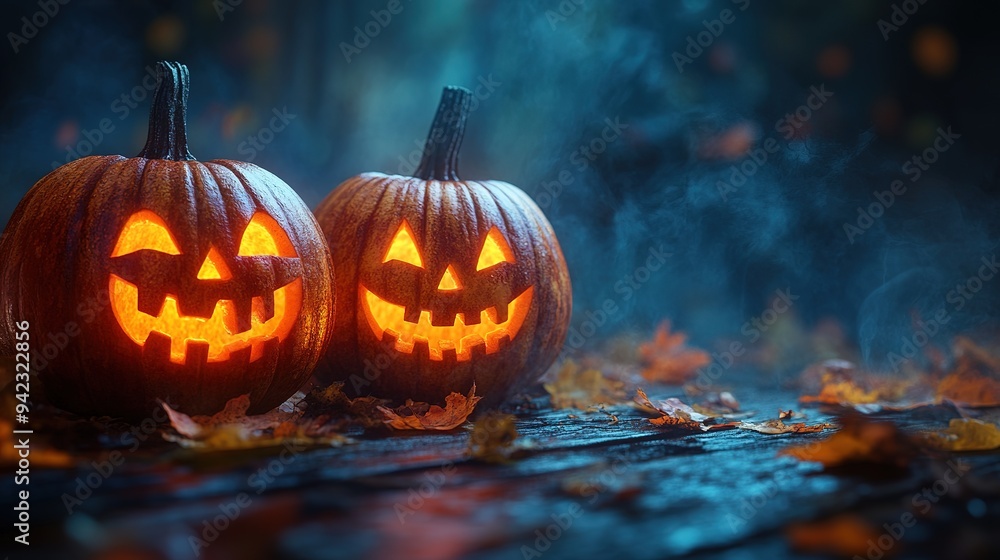 Fototapeta premium Spooky halloween pumpkins in forest. Scary halloween background with free space for text. Jack-o-lantern on a wooden table