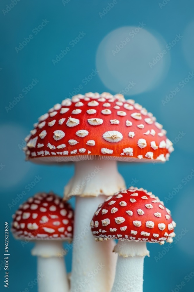 Vibrant red mushrooms with white spots against a soft blue background, creating a whimsical and enchanting scene. Vibrant red mushrooms with white spots against a soft blue background, creating a whimsical and enchanting scene.
