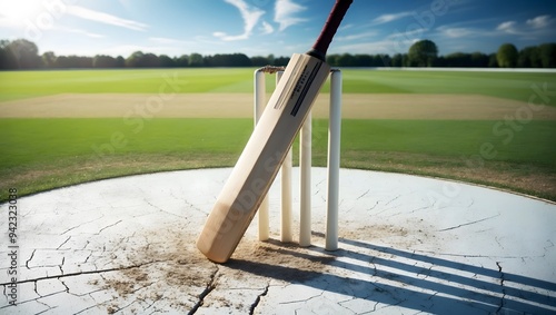 A cricket bat positioned on a cracked pitch, highlighting the sport's rich tradition. Ideal for cricket enthusiasts and sports-related visuals.