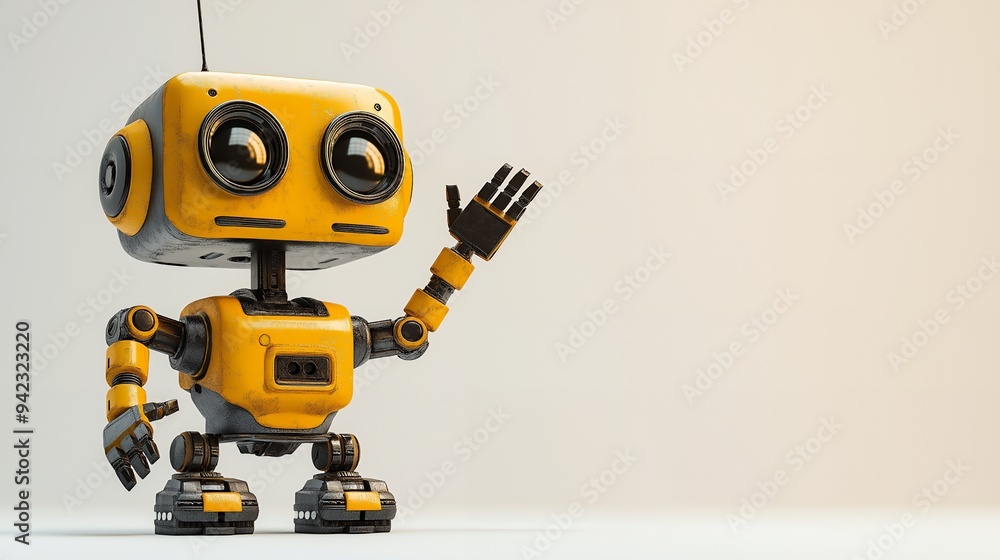 A friendly, cartoonish robot with a waving gesture, showcasing a playful design. A friendly, cartoonish robot with a waving gesture, showcasing a playful design.
