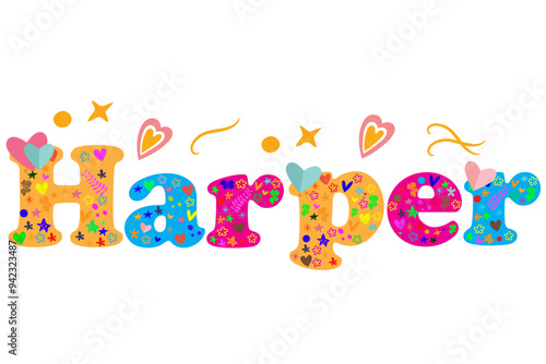 Harper female name decorative lettering type design. Vector