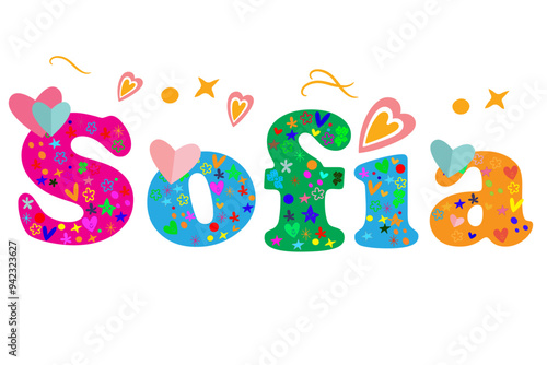 Sofia female name decorative lettering type design. Vector