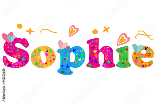 Sophie female name decorative lettering type design. Vector