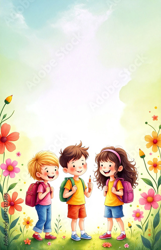 Three Happy Children Playfully Explore a Vibrant Lush Meadow on a Sunny Summer Day