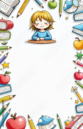 Colorful Whimsical Illustration of Young Girl Seated at Wooden Desk with School Supplies