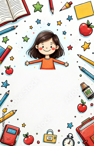 Vibrant Whimsical School Girl Illustration with Bright Colors and Fun Textures, Education Concept.