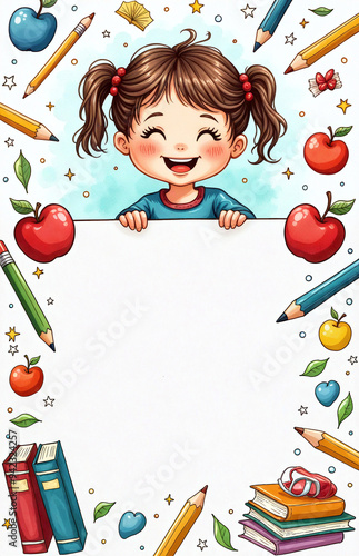 Colorful Cartoon Illustration of Happy Schoolgirl Holding Sign Among Educational Items Under Whimsical Sky.