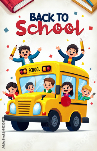 Vibrant Back to School Scene with Happy Children on Yellow School Bus Illustration.