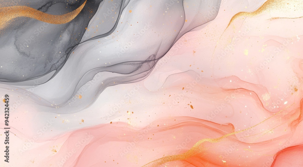 Obraz premium This artwork showcases a serene blend of gray, pink, and gold with a fluid, cloudlike texture, ideal for minimalistic designs and elegant backgrounds, adding a touch of sophistication