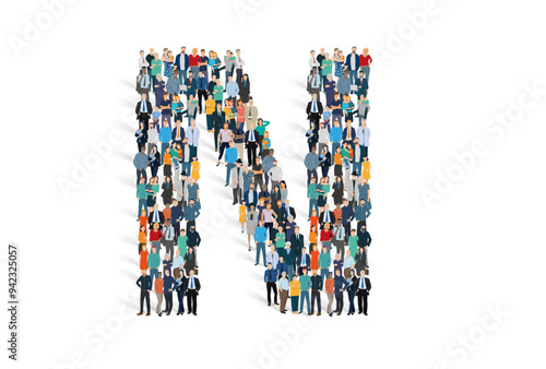 Illustration vectorielle représentant la lettre N de l'alphabet constituée d'une foule de personnages d'âge, de races et de sexes différents