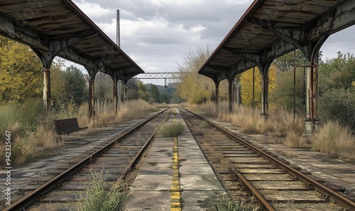 A deserted train station with two train tracks. The tracks are old and rusty, and the station is empty. Scene is one of abandonment and neglect