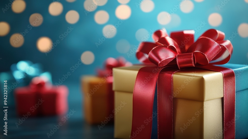 Gold Gift Box with Red Bow and Blue Background Gold Gift Box with Red Bow and Blue Background