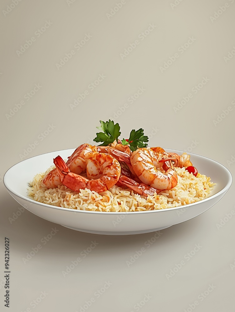 A plate of shrimp served over rice, garnished with parsley. A plate of shrimp served over rice, garnished with parsley.