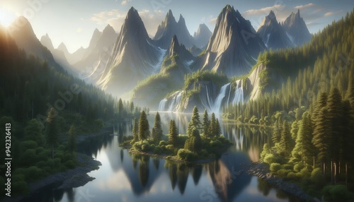 Serene Mountain River Landscape with Waterfall and Lush Foliage