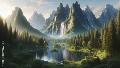 Serene Mountain River Landscape with Waterfall and Lush Foliage