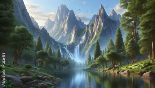 Serene Mountain River Landscape with Waterfall and Lush Foliage