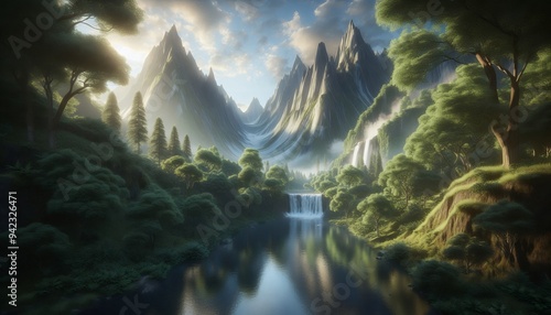 Serene Mountain River Landscape with Waterfall and Lush Foliage