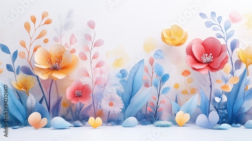 Watercolor Floral Background with Blue Leaves and Hearts