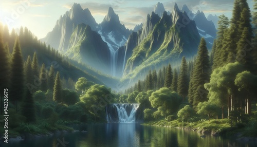 Serene Mountain River Landscape with Waterfall and Lush Foliage