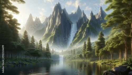 Serene Mountain River Landscape with Waterfall and Lush Foliage