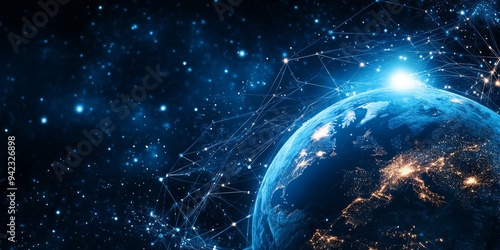 Fototapeta Naklejka Na Ścianę i Meble -  A stunning image of Earth with shimmering lines and twinkling stars, symbolizing global connectivity, tech progress, and space exploration, capturing the essence of our modern age
