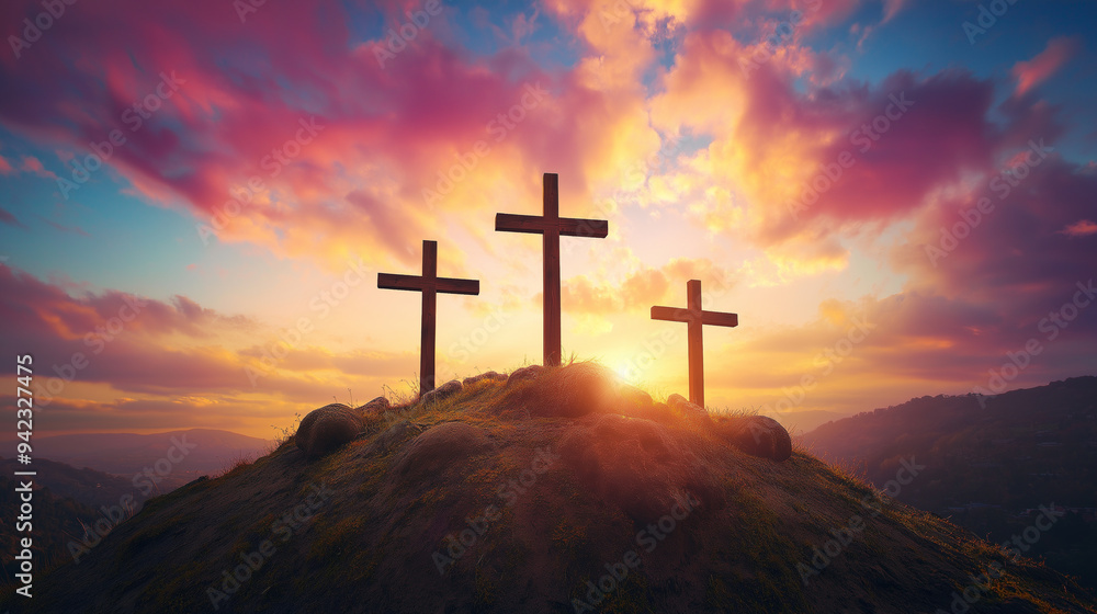 sunset glow across sky, cross atop mountain seemed to illuminate with divine light, a powerful symbol of Jesus Christ and the profound connection between God and religion amidst drifting clouds. sunset glow across sky, cross atop mountain seemed to illuminate with divine light, a powerful symbol of Jesus Christ and the profound connection between God and religion amidst drifting clouds.
