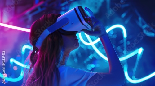 Woman wearing glasses and vr helmet futuristic technology virtual reality conceptwoman wearing gla photo