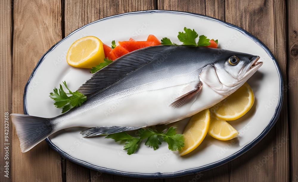 Raw Halibut neatly arranged on a plate with fresh lemon and herbs, ready for cooking. Ideal for preparing a delicious seafood dish. Raw Halibut neatly arranged on a plate with fresh lemon and herbs, ready for cooking. Ideal for preparing a delicious seafood dish.