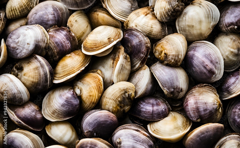 Pile of fresh raw Littleneck clams, straight from the sea, showcasing their natural briny flavor and tender texture. Ideal for a variety of seafood dishes. Pile of fresh raw Littleneck clams, straight from the sea, showcasing their natural briny flavor and tender texture. Ideal for a variety of seafood dishes.