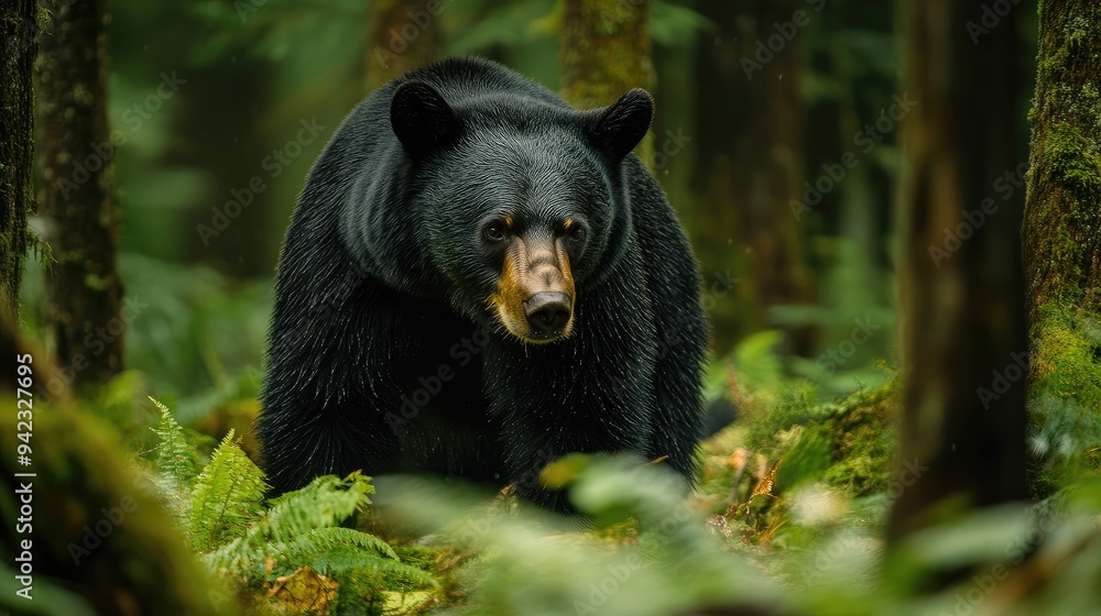 A black bear foraging in a dense forest, surrounded by tall trees and ferns, perfect for themes of North American wildlife with ample copy space. A black bear foraging in a dense forest, surrounded by tall trees and ferns, perfect for themes of North American wildlife with ample copy space.