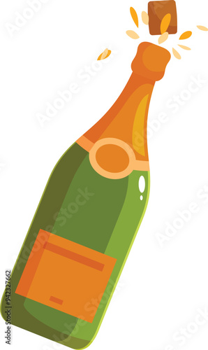 Green champagne bottle popping its cork with a golden label, celebrating a success