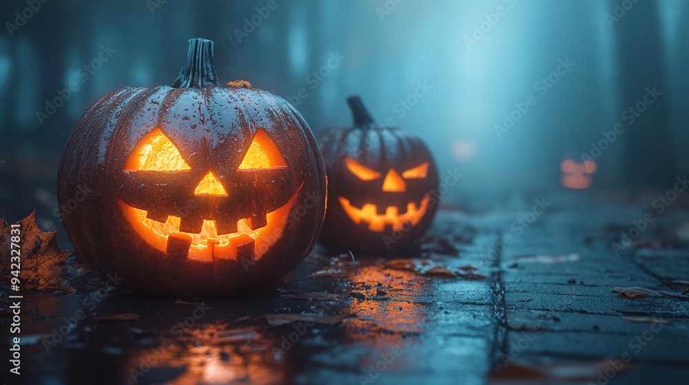 Spooky halloween pumpkins in forest. Scary halloween background with free space for text. Jack-o-lantern on a wooden table Spooky halloween pumpkins in forest. Scary halloween background with free space for text. Jack-o-lantern on a wooden table