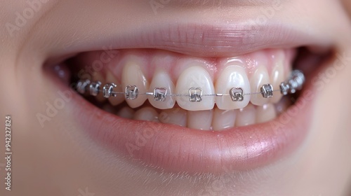 Close up of a beautiful model wearing braces and veneers in her mouth