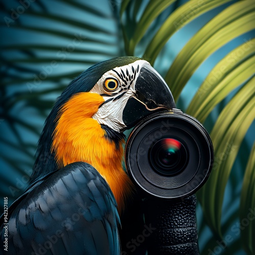 A colorful parrot holding a camera lens, set against a tropical background.