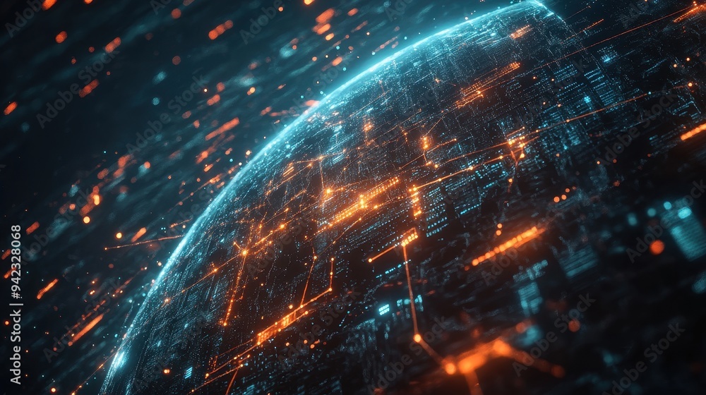Abstract Digital Globe with Glowing Connections and Data Flow