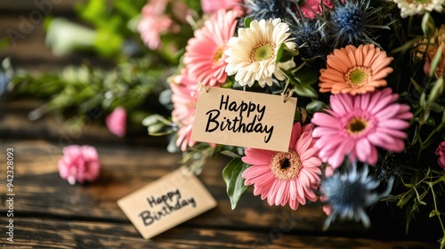 A bouquet of birthday flowers with a "Happy Birthday" tag, placed on a wooden table with space for messages.