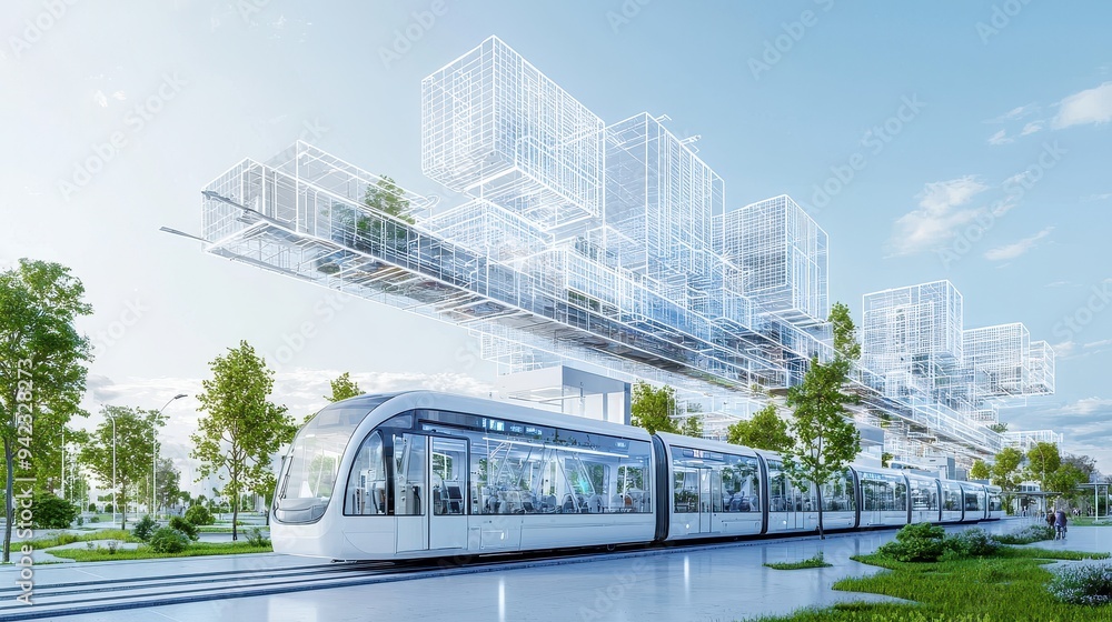 Naklejka premium Modern Tram Station with Futuristic Building Design